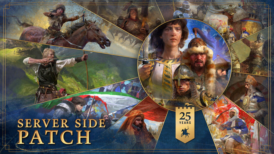 Image of Age of Empires IV civilization images for all the civs with the words: server side patch.